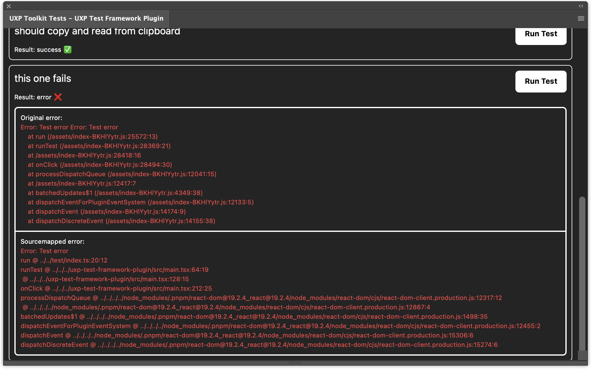 Screenshot of the test plugin with an error